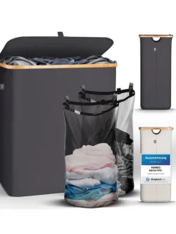 HENNEZ Aufbewahrungskorb "Adrian", 140 l - faltbar - mit Deckel & Bambusrahmen