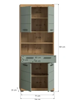 Hochschrank in Artisan Eiche/Salbei - (B) 74 x (H) 191 x (T) 31