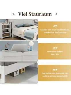 Holzbett Doppelbett mit Lattenrost und Nachttischen 140x200cm in Weiß