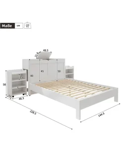 Holzbett Doppelbett mit Lattenrost und Nachttischen 140x200cm in Weiß