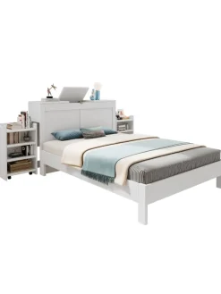 Holzbett Doppelbett mit Lattenrost und Nachttischen 140x200cm in Weiß