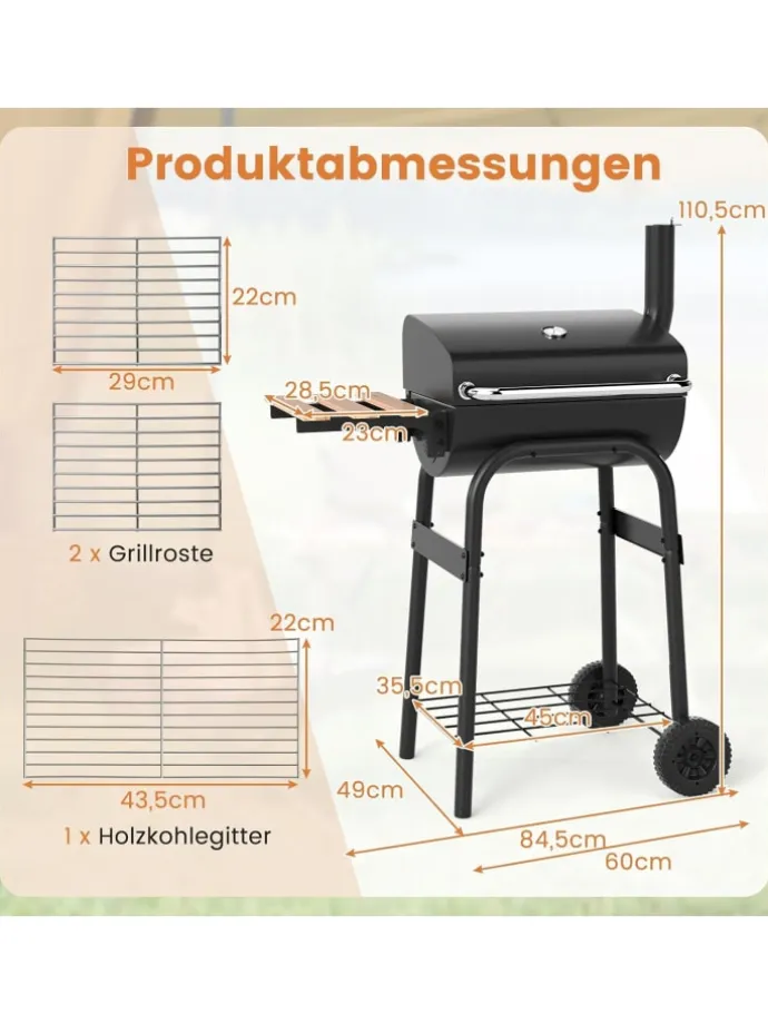 Holzkohlegrill Grillwagen 84,5 x 49 x 110,5 cm in Schwarz