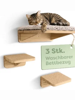 Katzen Kletterwand Set mit Katzenbett & 2X Katzentreppe - Kiefernholz