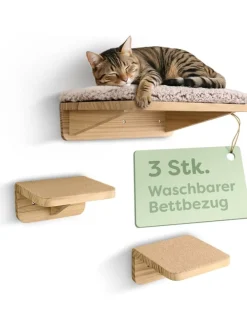 Katzen Kletterwand Set mit Katzenbett & 2X Katzentreppe - Kiefernholz