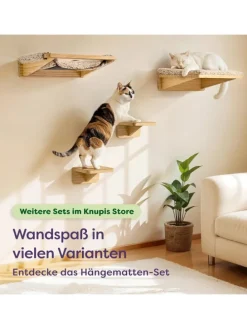Katzen Kletterwand Set mit Katzenbett & 2X Katzentreppe - Kiefernholz