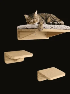 Katzen Kletterwand Set mit Katzenbett & 2X Katzentreppe - Kiefernholz