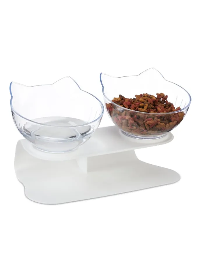 Katzen-Doppelnapf in Weiß/ Transparent - (B)27,5 x (H)16 x (T)13,5 cm