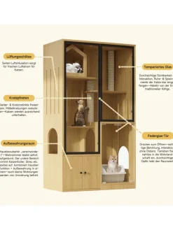 Katzenkäfig mit Kratzpfosten in Ahornholzfarbe - 90*50*160cm