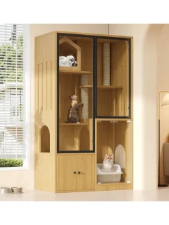 Katzenkäfig mit Kratzpfosten in Ahornholzfarbe - 90*50*160cm