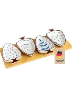 Keramik Dip-Schalen Set mit Holz-Tablett in Blau - Weiß