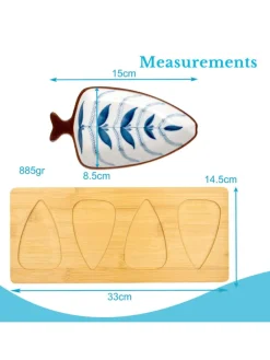 Keramik Dip-Schalen Set mit Holz-Tablett in Blau - Weiß