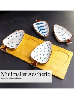 Keramik Dip-Schalen Set mit Holz-Tablett in Blau - Weiß