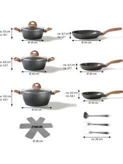 Keramik Kochgeschirr-Set 14-teilig | mit Deckeln in Holzoptik