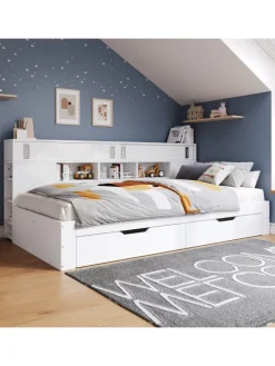 Kinderbett in Weiß mit Schubladen Regal und Bettkasten 90x200 cm ohne Matratze