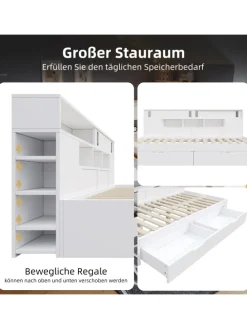 Kinderbett in Weiß mit Schubladen Regal und Bettkasten 90x200 cm ohne Matratze