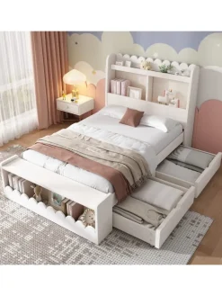 Kinderbett in Weiß mit Stauraum Sitzbank und Regal 90x190 cm ohne Matratze