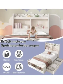 Kinderbett in Weiß mit Stauraum Sitzbank und Regal 90x190 cm ohne Matratze