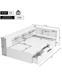 Kinderbett in Weiß 90x200 cm mit Schubladen Regal und Bettkasten ohne Matratze
