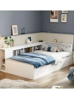 Kinderbett in Weiß 90x200 cm mit Schubladen Regal und Bettkasten ohne Matratze