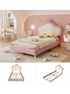 Kinderbett Kopfteil mit Krone in Rosa und Weiß, 90x200cm