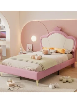 Kinderbett Kopfteil mit Krone in Rosa und Weiß, 90x200cm