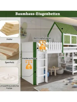 Kinderbett mit Fallschutzgitter und Kleiderschrank in Weiß+Grün, 90x200