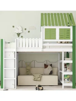 Kinderbett mit Fallschutzgitter und Kleiderschrank in Weiß+Grün, 90x200