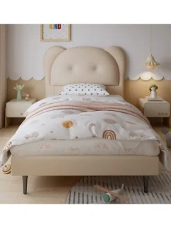 Kinderbett mit Kopfteil in Tierform in Beige, 90x200cm