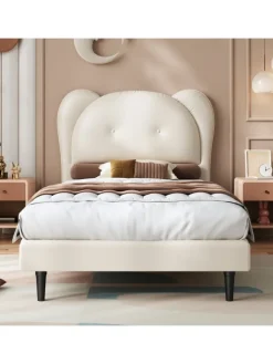 Kinderbett mit Kopfteil in Tierform in Beige, 90x200cm