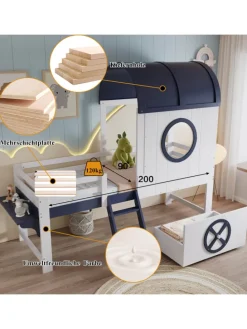 Kinderbett mit Rollenschublade und zweistufiger Schrägleiter, 90x200cm