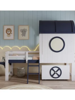 Kinderbett mit Rollenschublade und zweistufiger Schrägleiter, 90x200cm