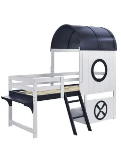 Kinderbett mit Rollenschublade und zweistufiger Schrägleiter, 90x200cm