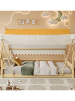 Kinderbett mit Sicherheitsgeländer und abnehmbarem Zelt in Natur, 90x200cm