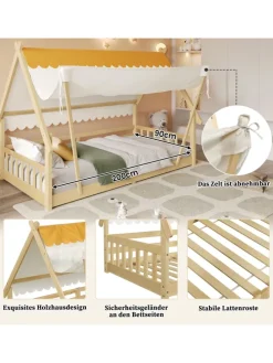 Kinderbett mit Sicherheitsgeländer und abnehmbarem Zelt in Natur, 90x200cm