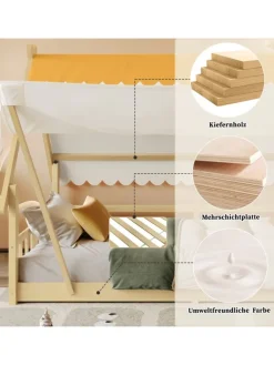 Kinderbett mit Sicherheitsgeländer und abnehmbarem Zelt in Natur, 90x200cm