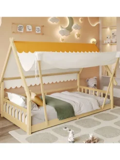 Kinderbett mit Sicherheitsgeländer und abnehmbarem Zelt in Natur, 90x200cm