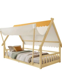 Kinderbett mit Sicherheitsgeländer und abnehmbarem Zelt in Natur, 90x200cm