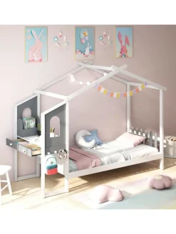 Kinderbett 90x200cm mit Dach & Schreibtisch in Weiß