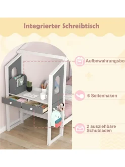 Kinderbett 90x200cm mit Dach & Schreibtisch in Weiß