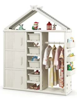 Kinderregal in Hausform mit Kleiderstange in Weiß