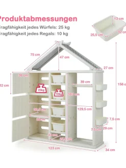 Kinderregal in Hausform mit Kleiderstange in Weiß