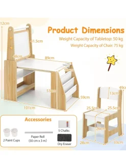 Kindertisch mit Stuhl & Staffelei in Hellbraun