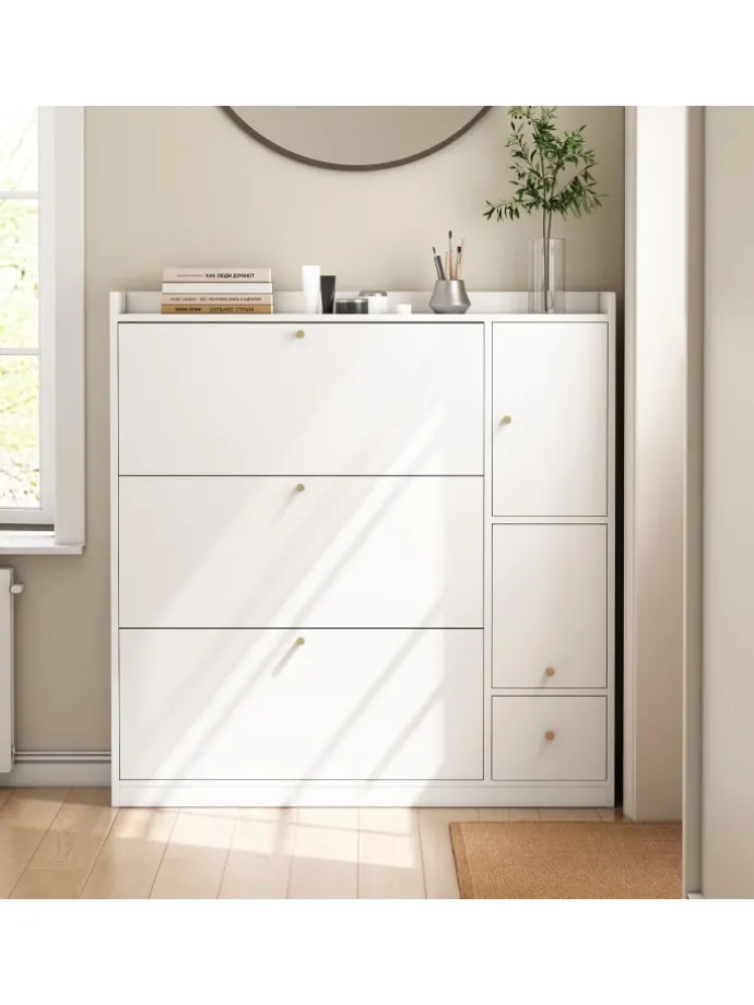 Kipp-Schuhschrank in Weiß mit 3 Klappschubladen und Sitzbank 119x24x122 cm