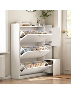 Kipp-Schuhschrank in Weiß mit 3 Klappschubladen und Sitzbank 119x24x122 cm