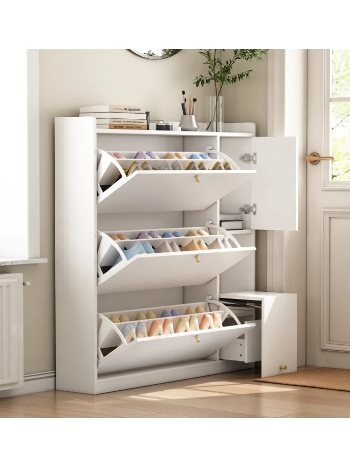 Kipp-Schuhschrank in Weiß mit 3 Klappschubladen und Sitzbank 119x24x122 cm