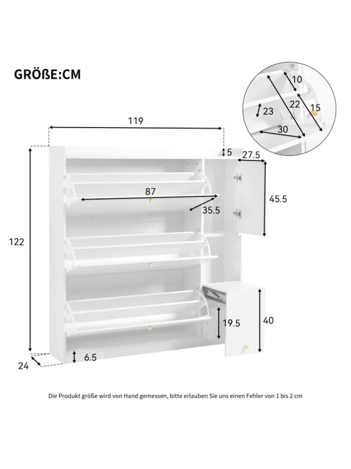 Kipp-Schuhschrank in Weiß mit 3 Klappschubladen und Sitzbank 119x24x122 cm