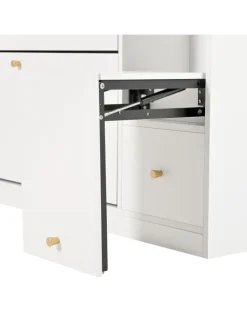 Kipp-Schuhschrank in Weiß mit 3 Klappschubladen und Sitzbank 119x24x122 cm