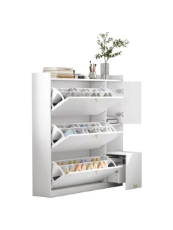 Kipp-Schuhschrank in Weiß mit 3 Klappschubladen und Sitzbank 119x24x122 cm