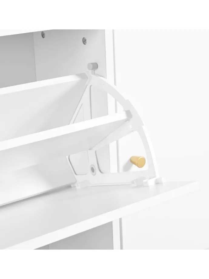 Kipp-Schuhschrank in Weiß mit 3 Klappschubladen und Sitzbank 119x24x122 cm