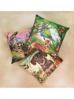 Kissen "Deer Birds" in Braun/ Grün/ Rosa - (L)45 x (B)45 cm